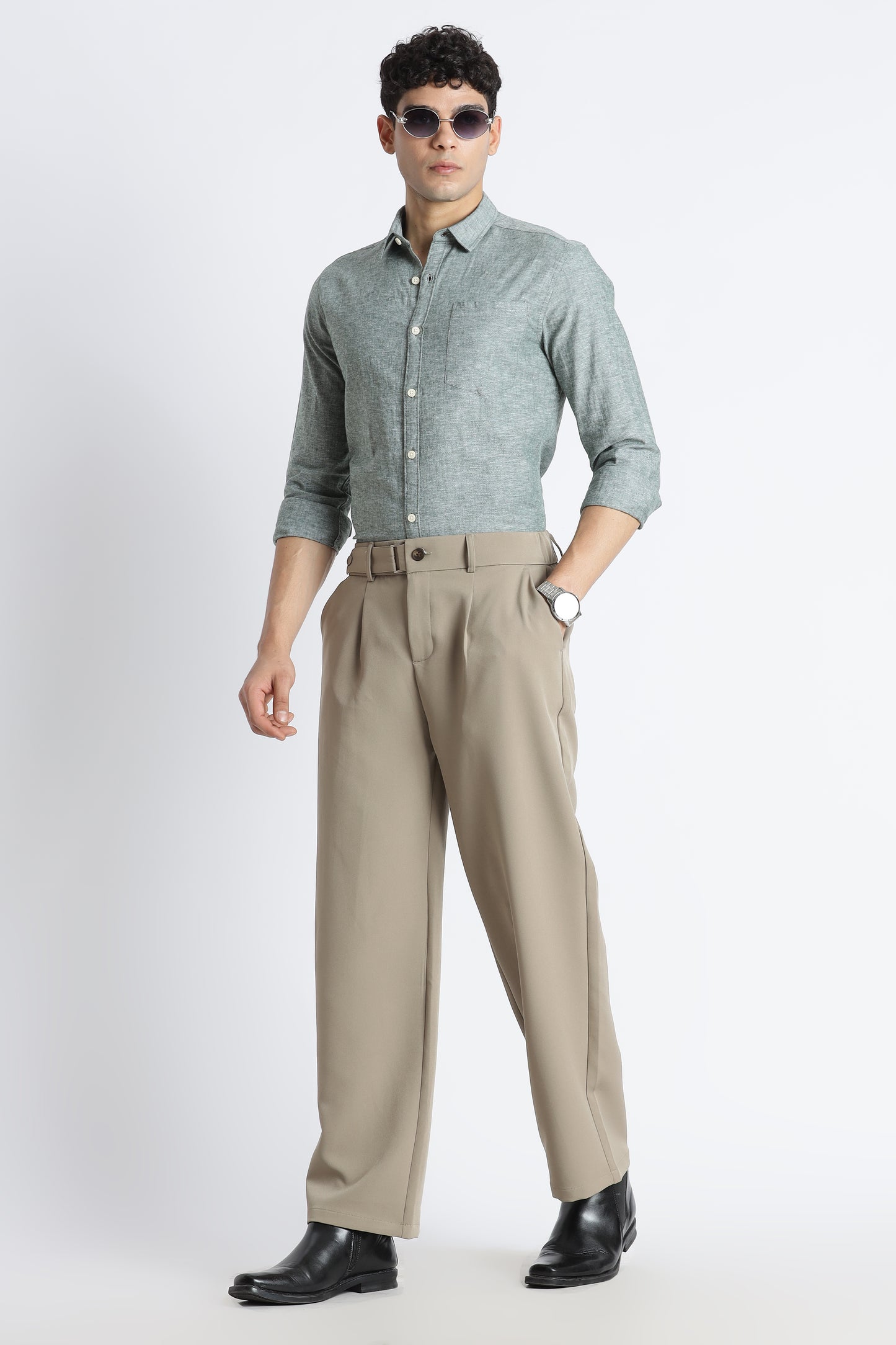 Loose Fit Trousers with Adjustable Waist Olive