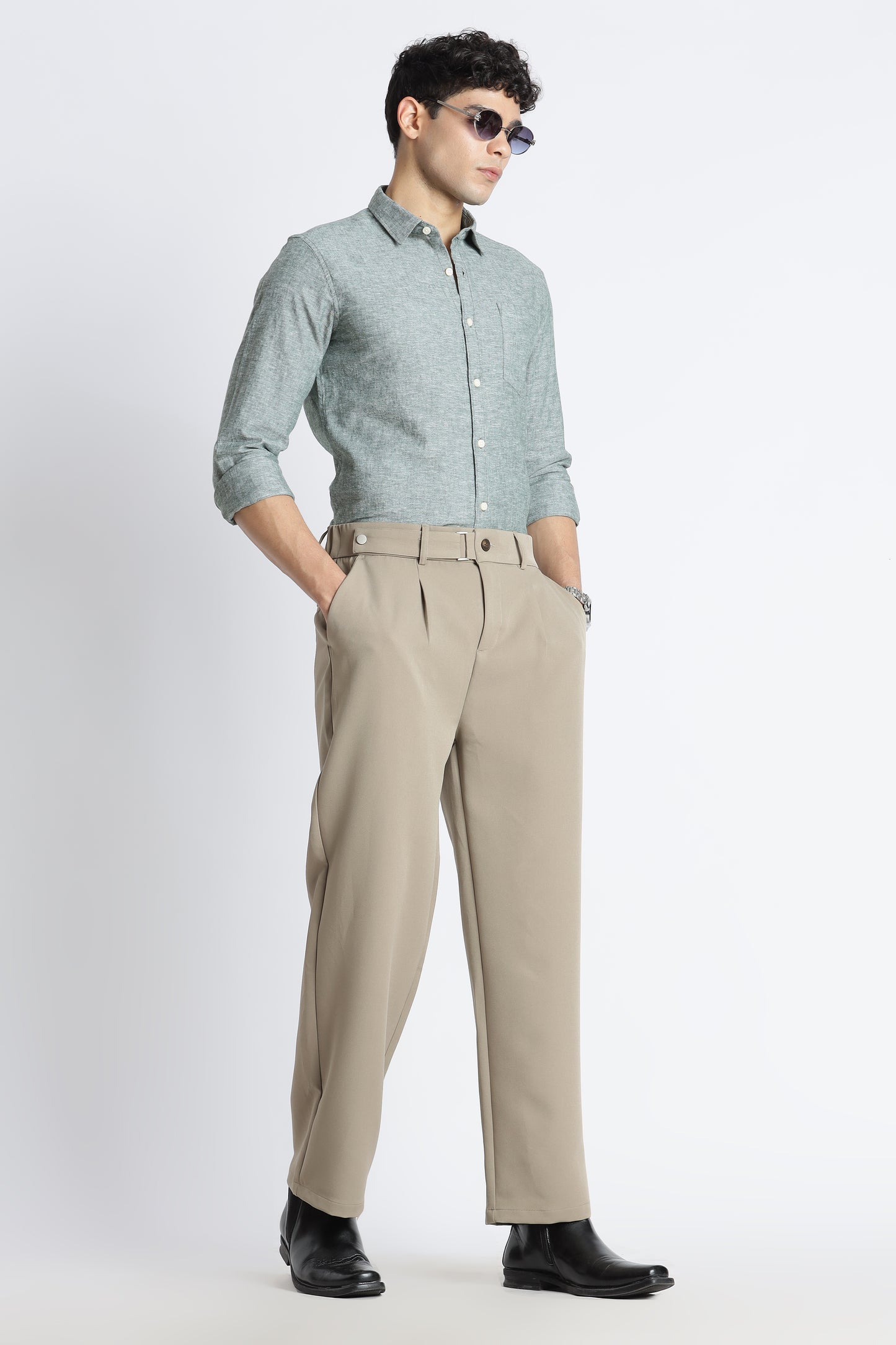 Loose Fit Trousers with Adjustable Waist Olive