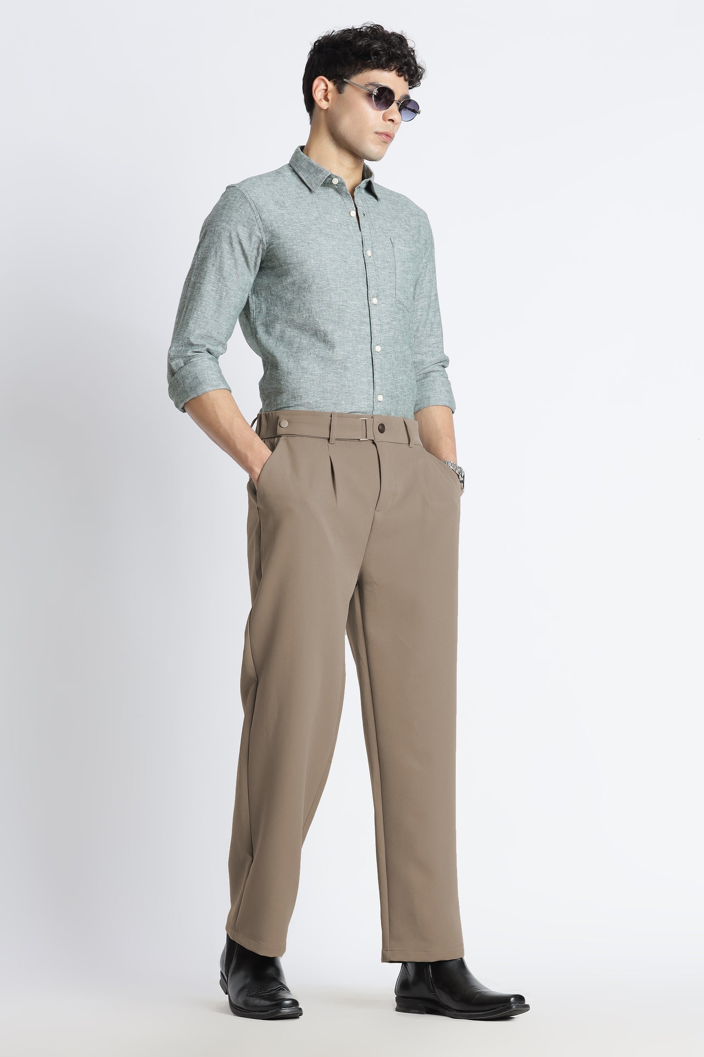 Loose Fit Trousers with Adjustable Waist Beige