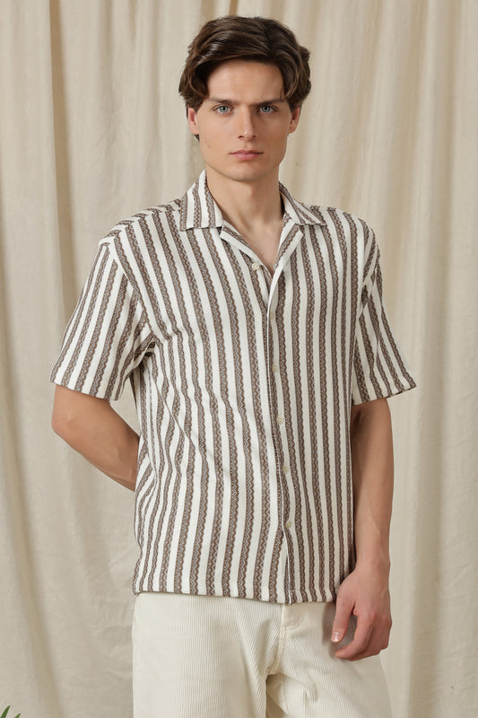 Loose Fit Textured Casual Shirt Brown