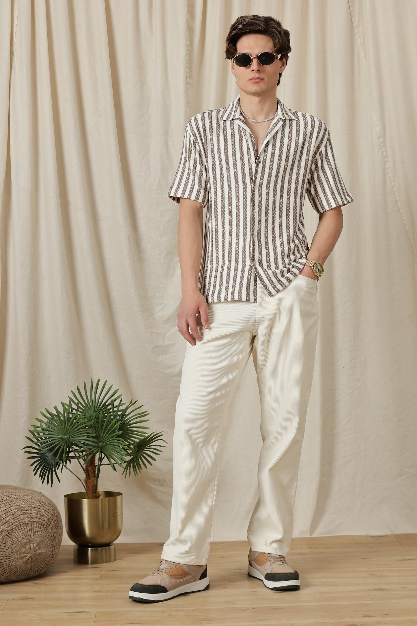 Loose Fit Textured Casual Shirt Brown