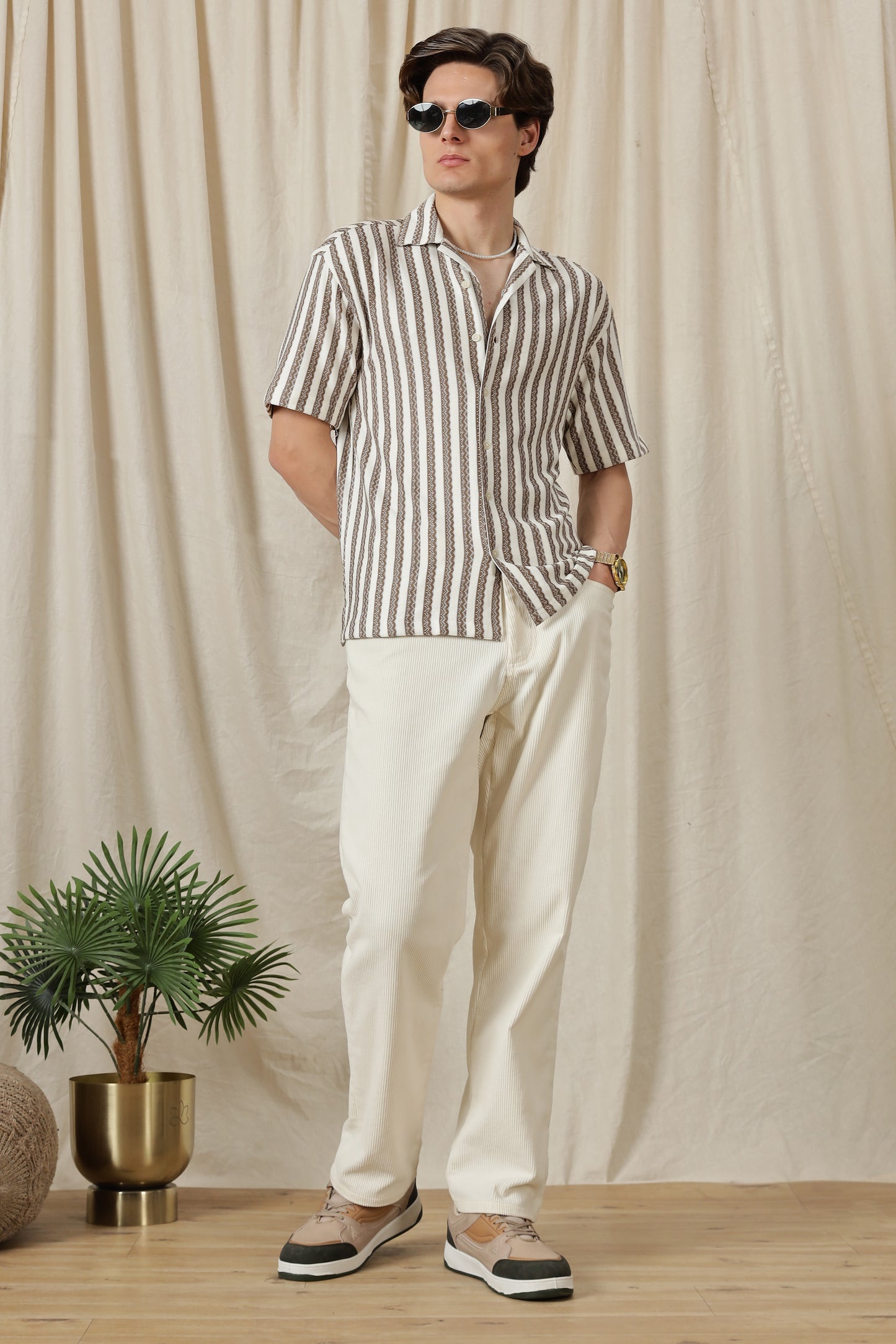 Loose Fit Textured Casual Shirt Brown