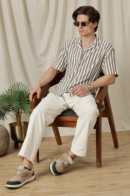 Loose Fit Textured Casual Shirt Brown