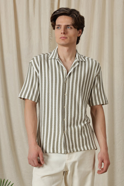 Loose Fit Textured Casual Shirt Olive