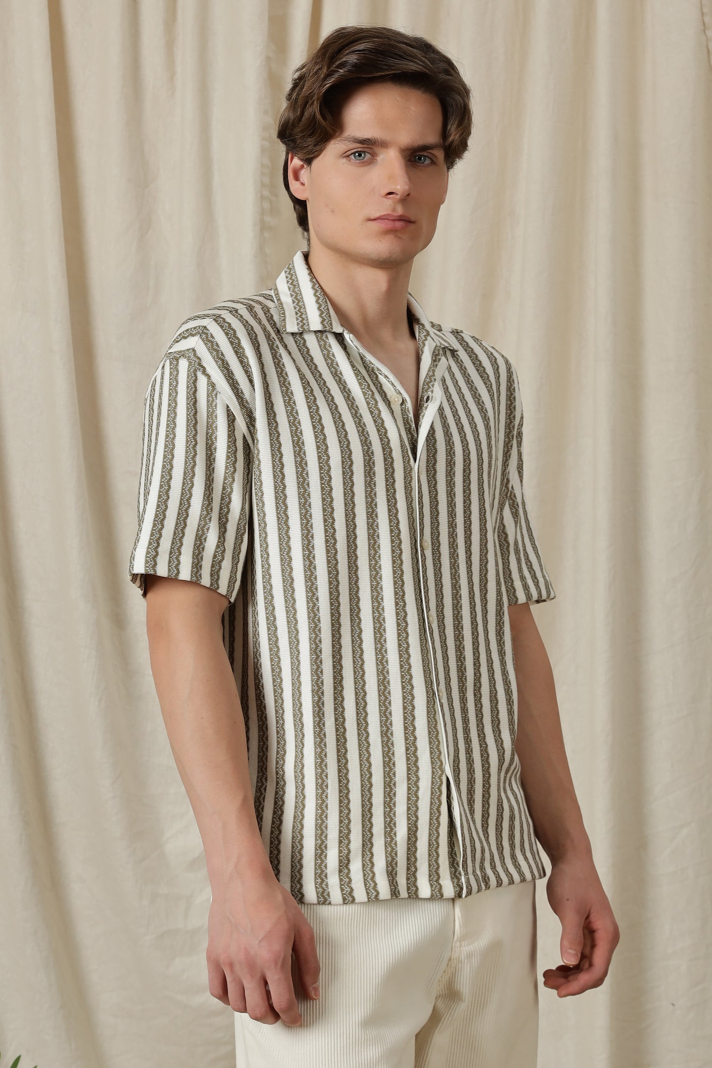 Loose Fit Textured Casual Shirt Olive