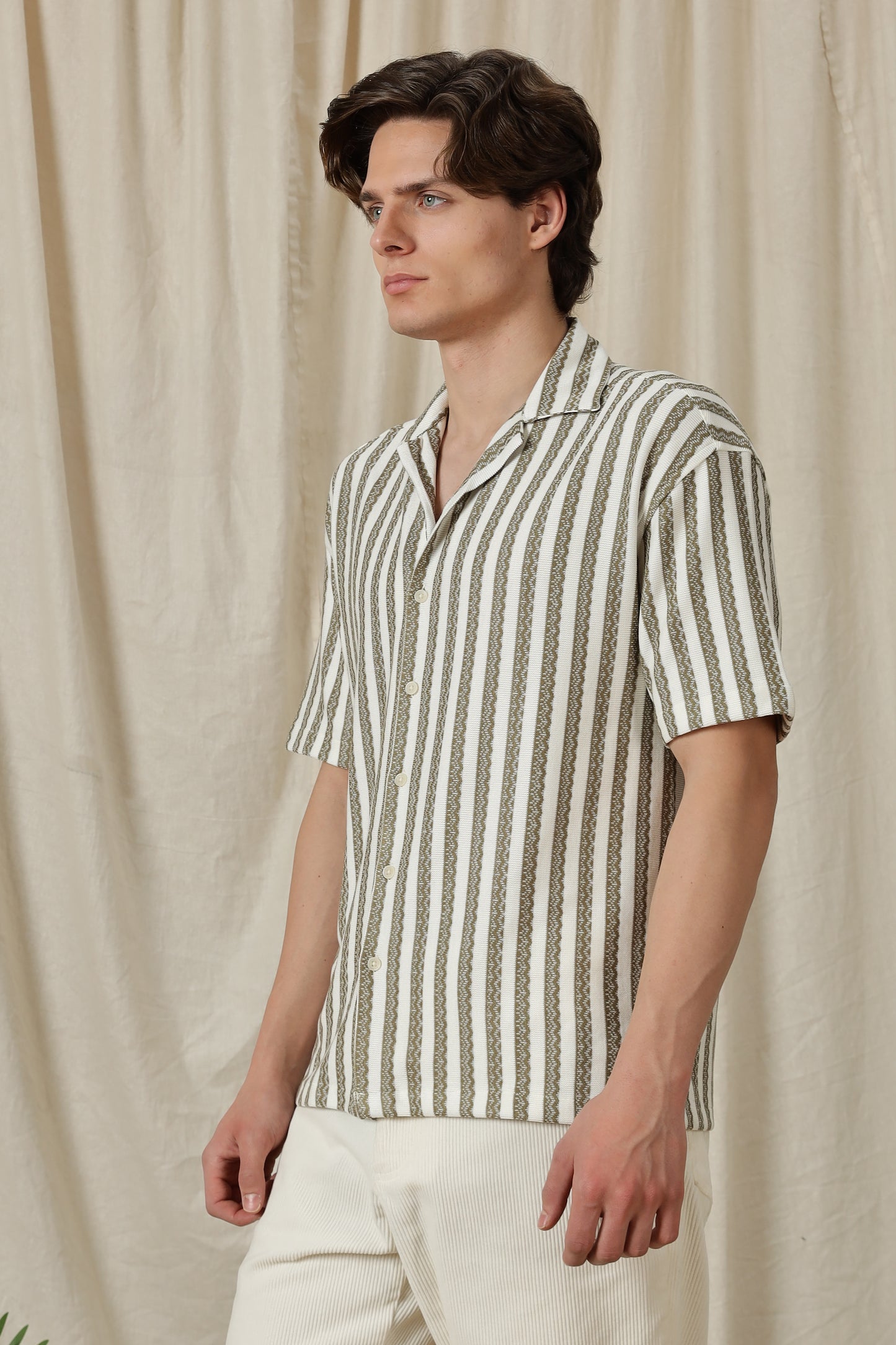 Loose Fit Textured Casual Shirt Olive