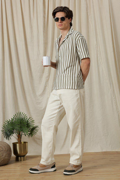 Loose Fit Textured Casual Shirt Olive