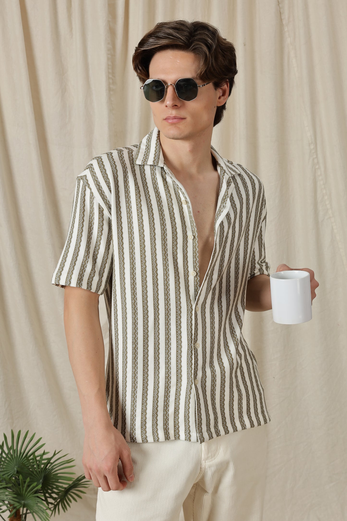 Loose Fit Textured Casual Shirt Olive