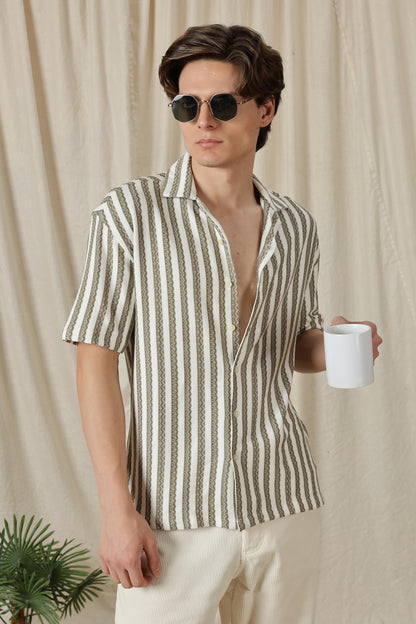 Loose Fit Textured Casual Shirt Olive