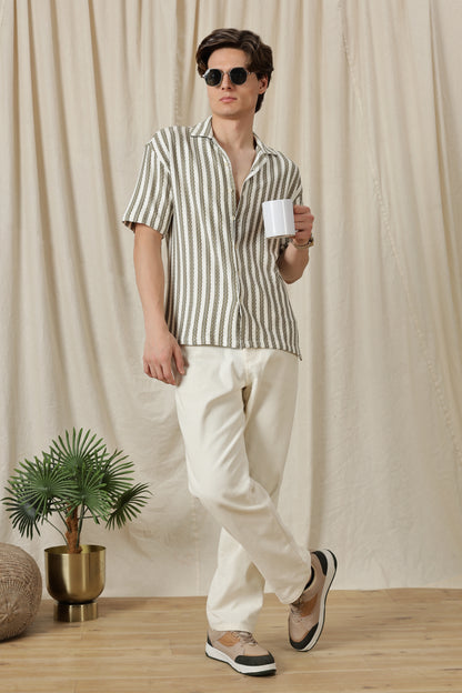 Loose Fit Textured Casual Shirt Olive