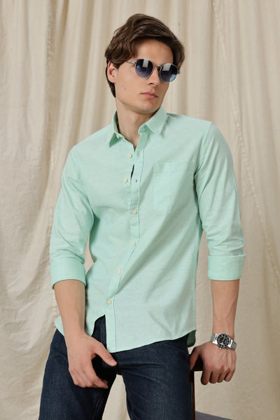 Men's Light Green Cotton Linen Casual Shirt - Slim Fit