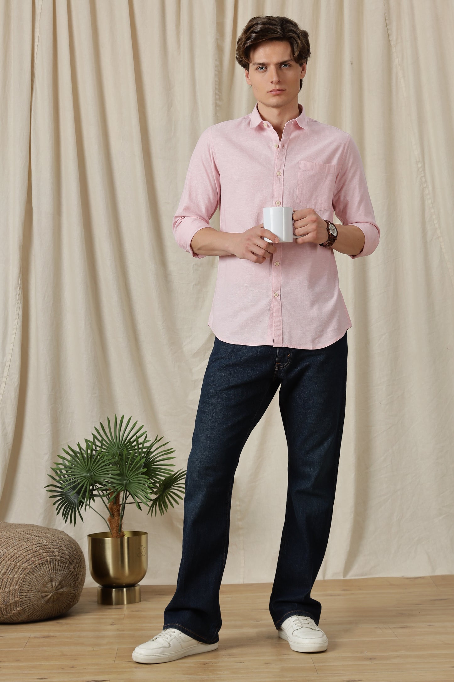 Linen Solid Casual Shirt Pink