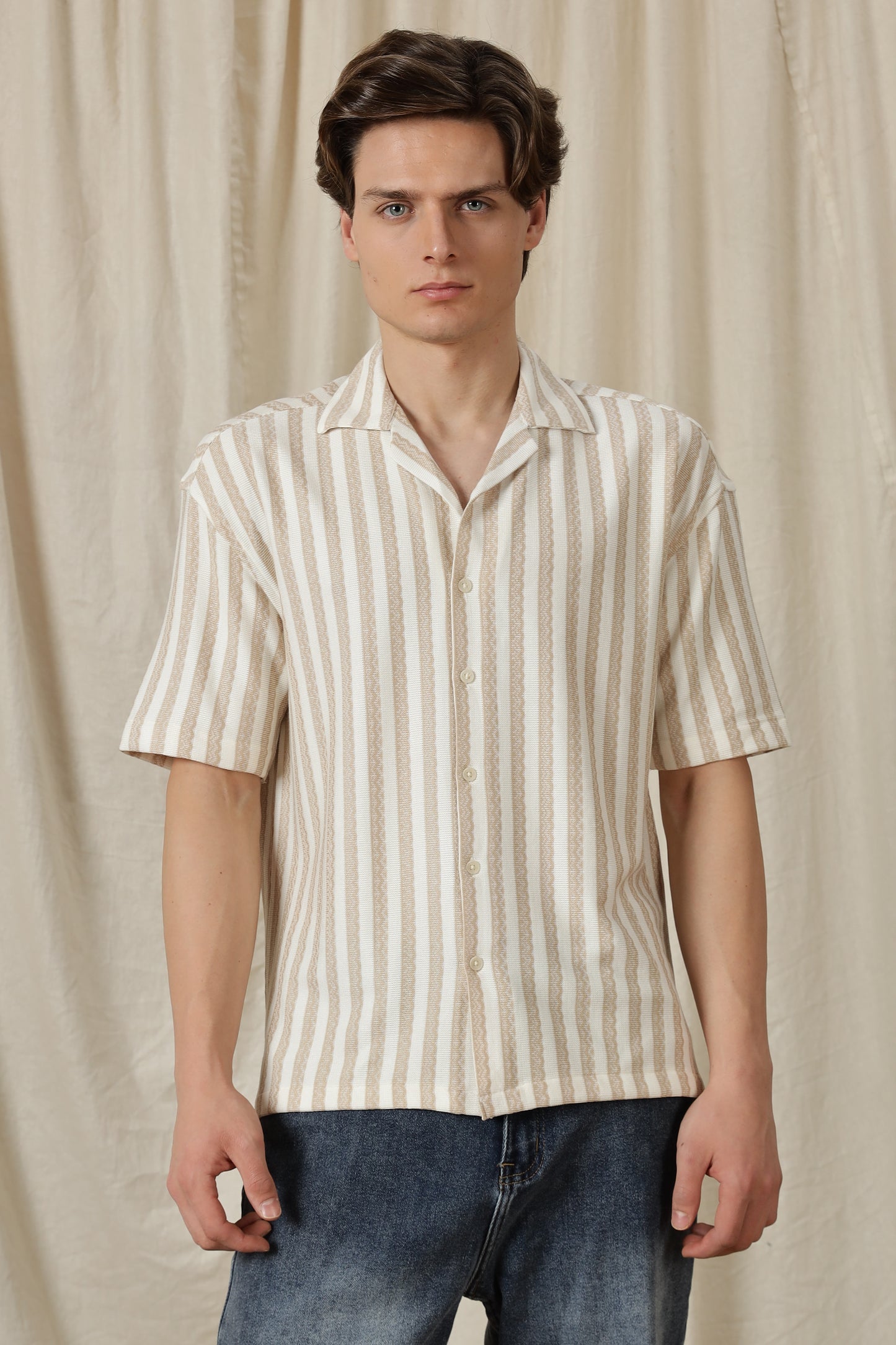 Loose Fit Textured Casual Shirt Beige