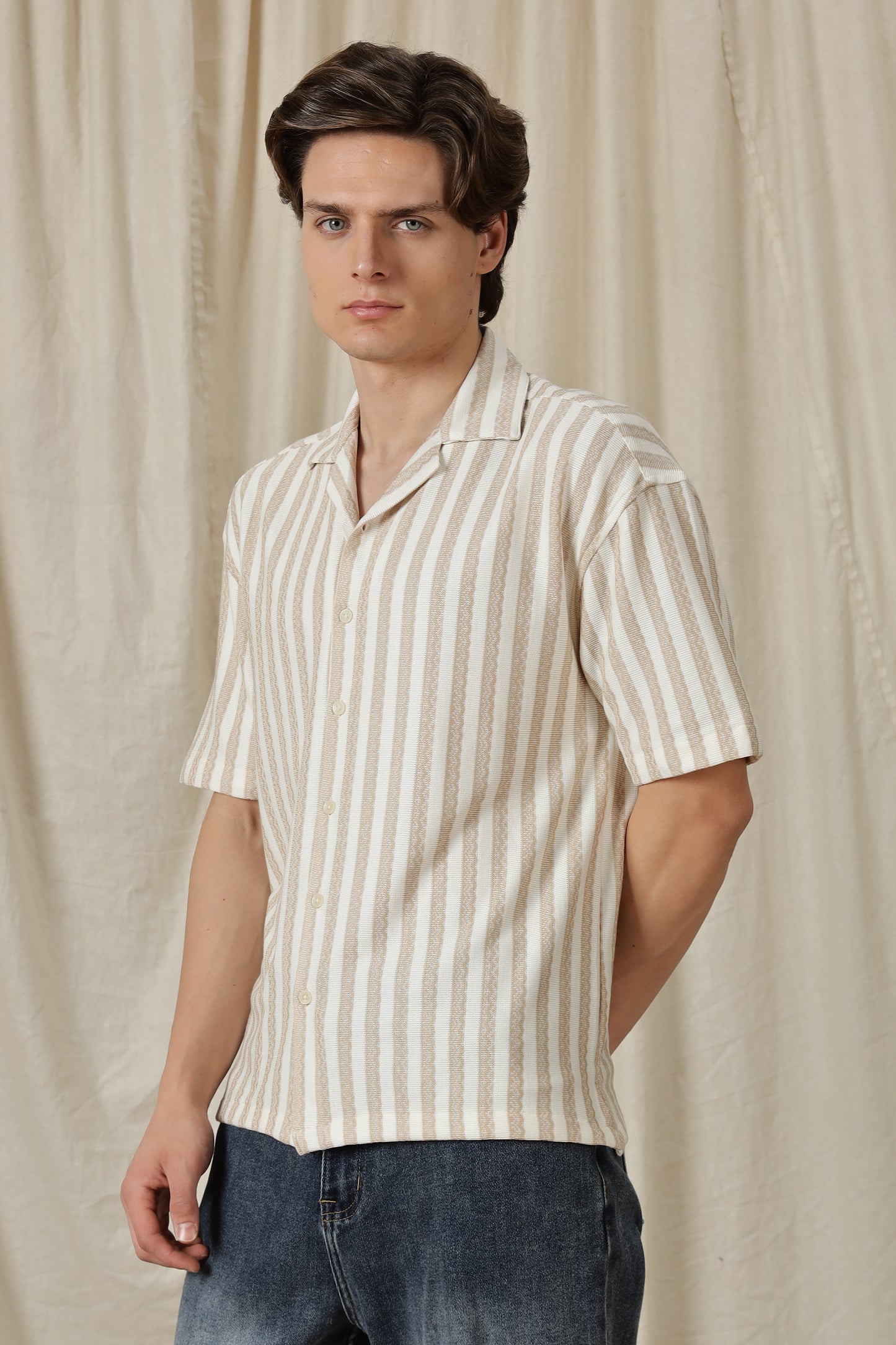 Loose Fit Textured Casual Shirt Beige