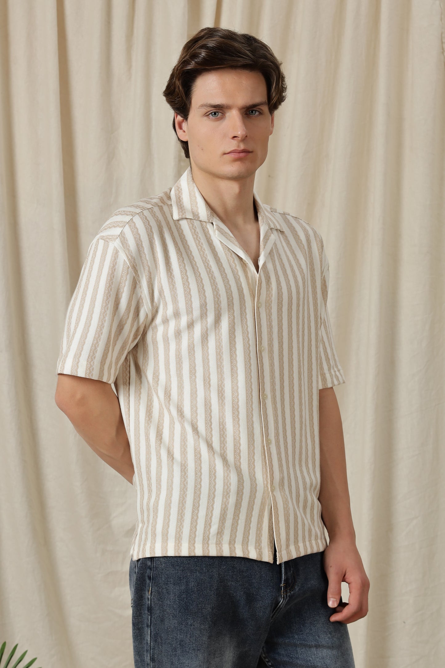 Loose Fit Textured Casual Shirt Beige