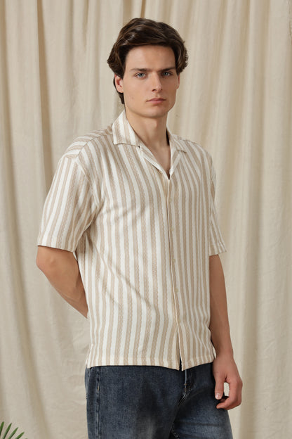 Loose Fit Textured Casual Shirt Beige