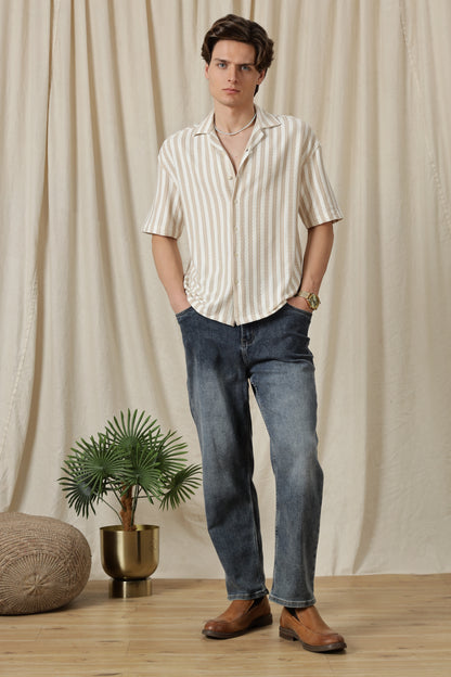 Loose Fit Textured Casual Shirt Beige