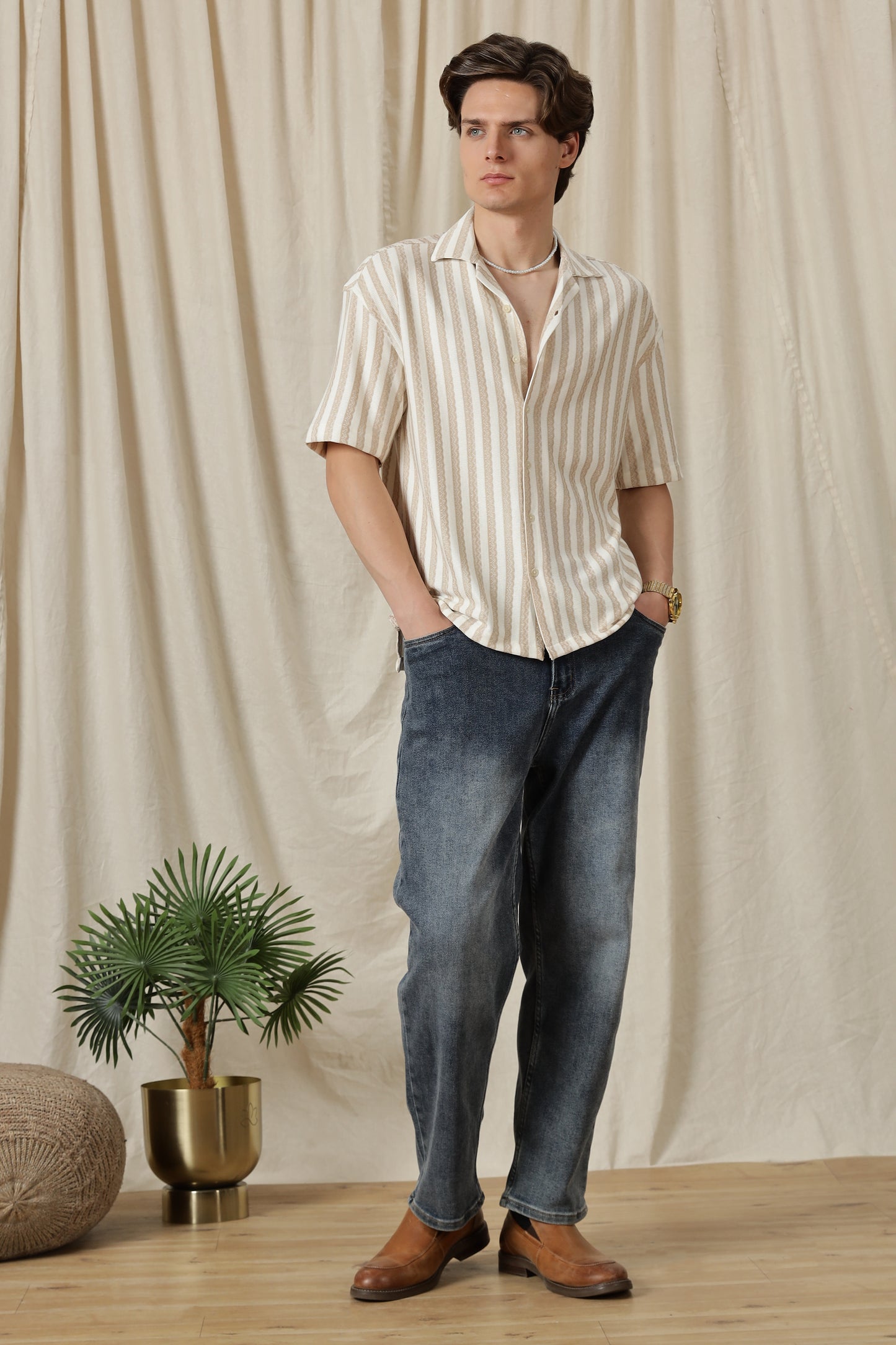 Loose Fit Textured Casual Shirt Beige