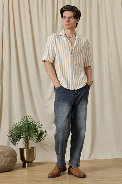 Loose Fit Textured Casual Shirt Beige