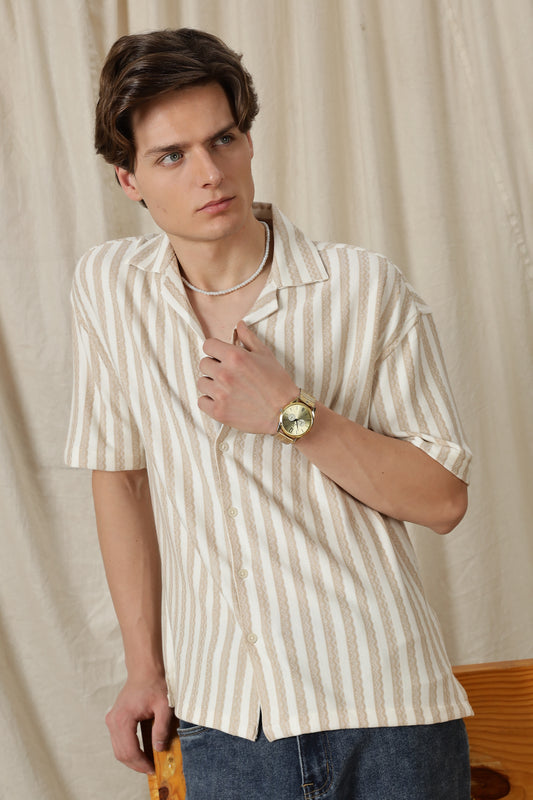 Loose Fit Textured Casual Shirt Beige