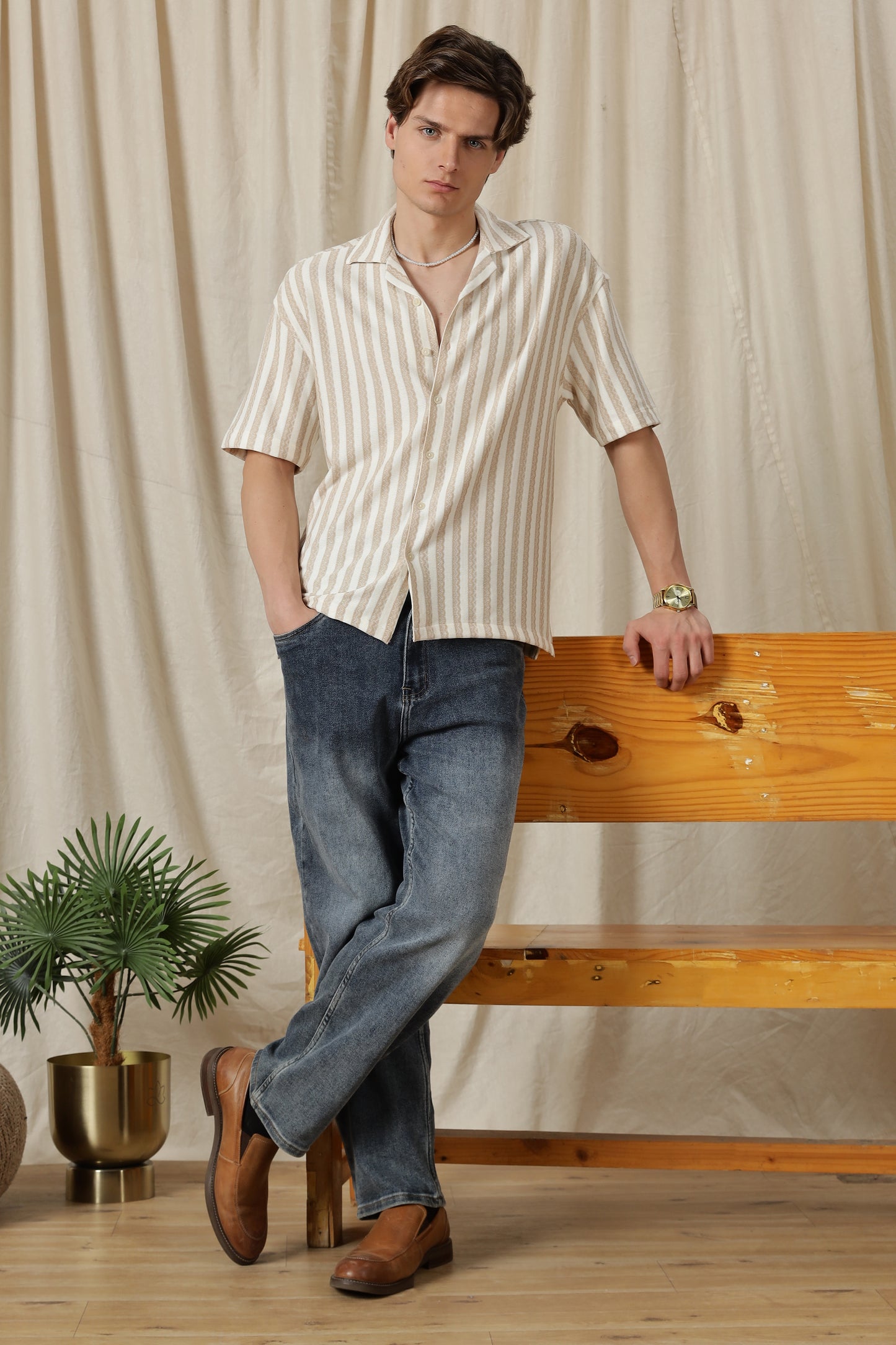 Loose Fit Textured Casual Shirt Beige