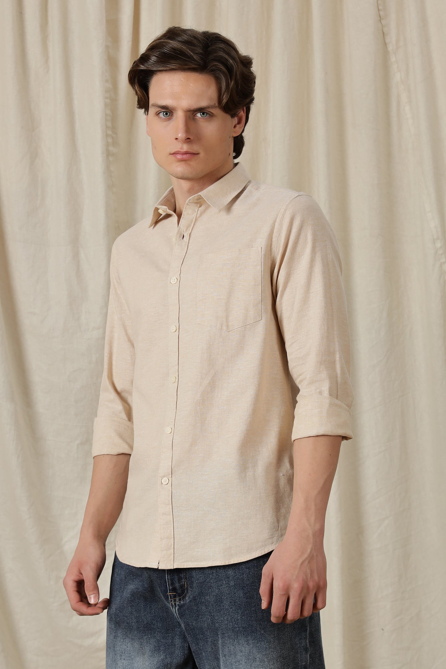 Linen Solid Casual Shirt Beige