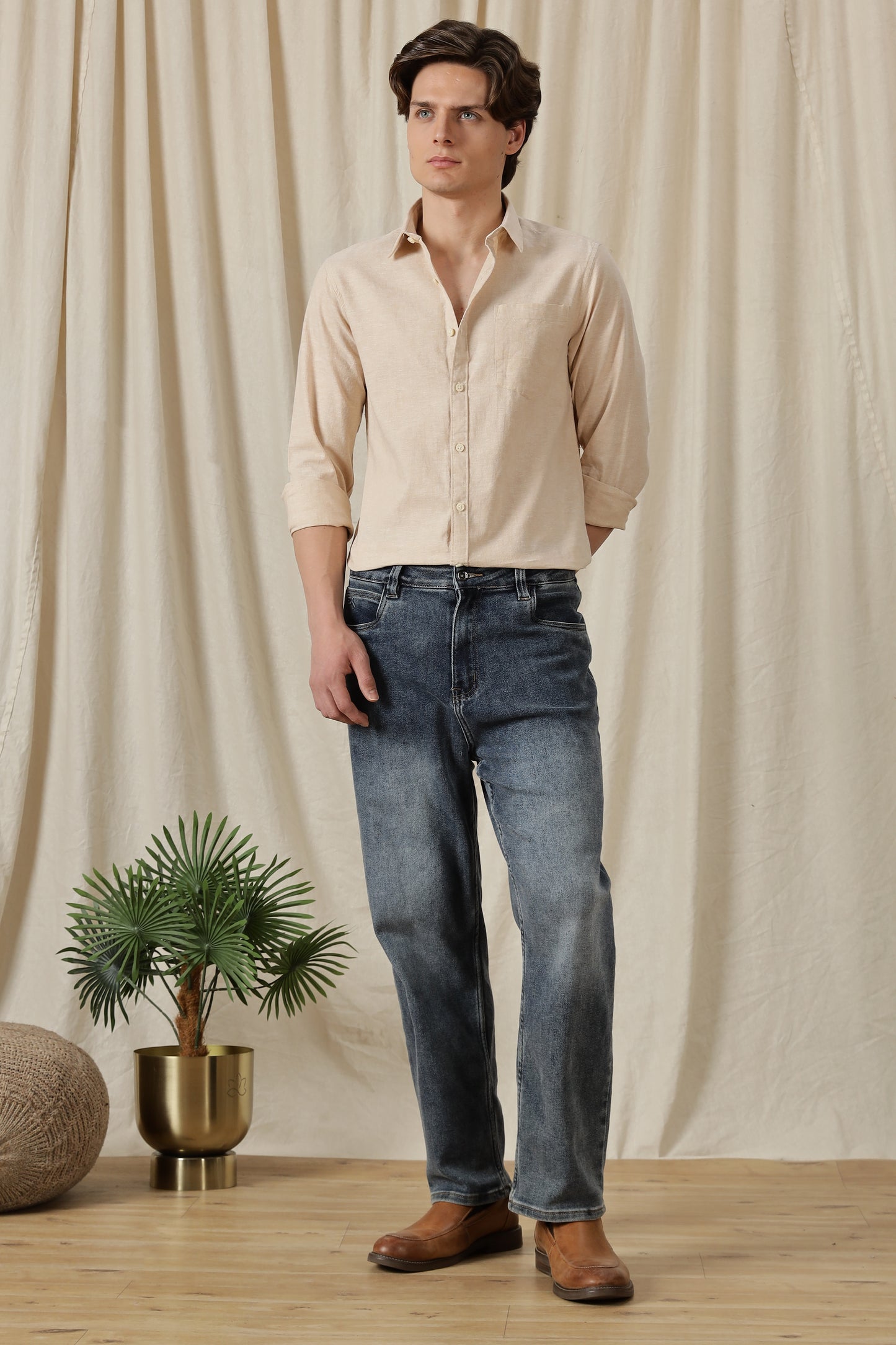 Linen Solid Casual Shirt Beige
