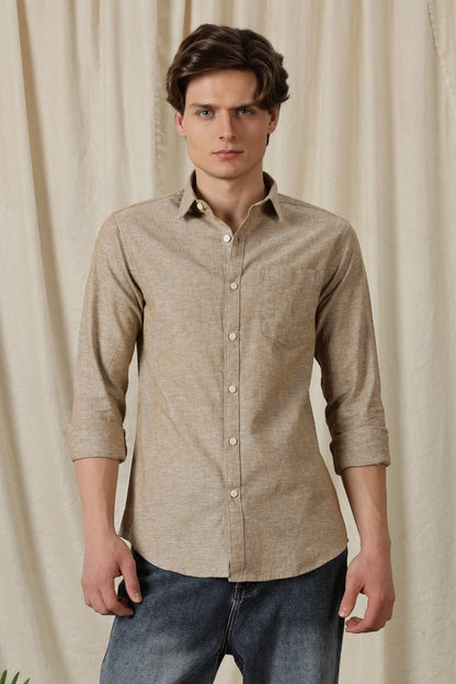 Linen Solid Casual Shirt Brown