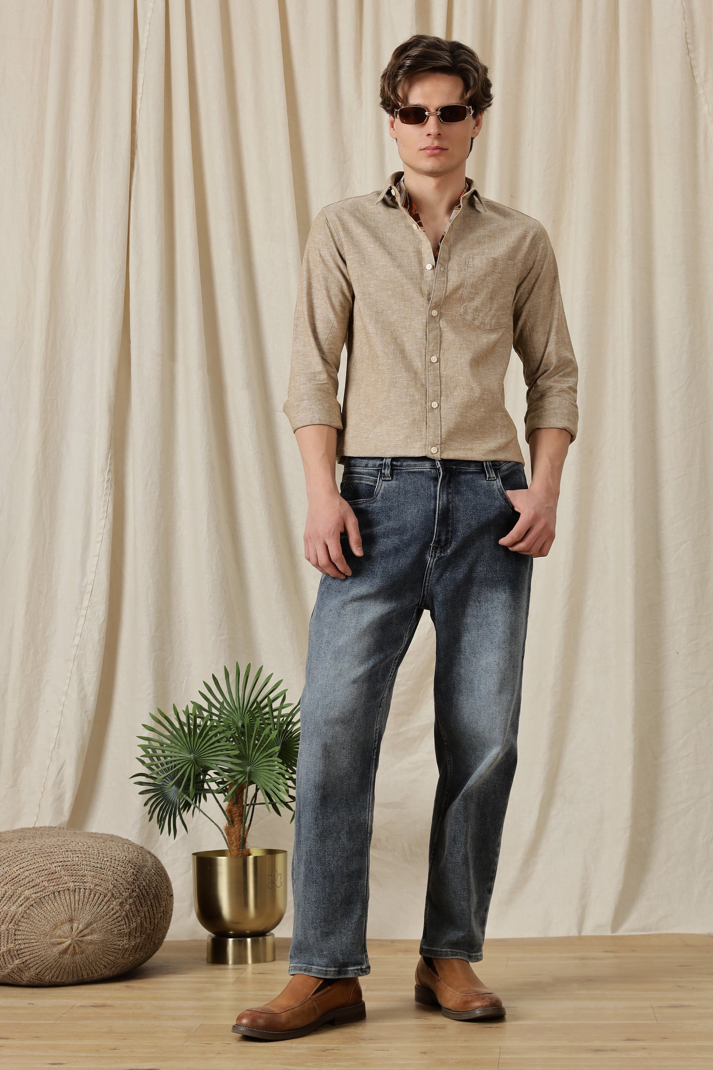 Linen Solid Casual Shirt Brown