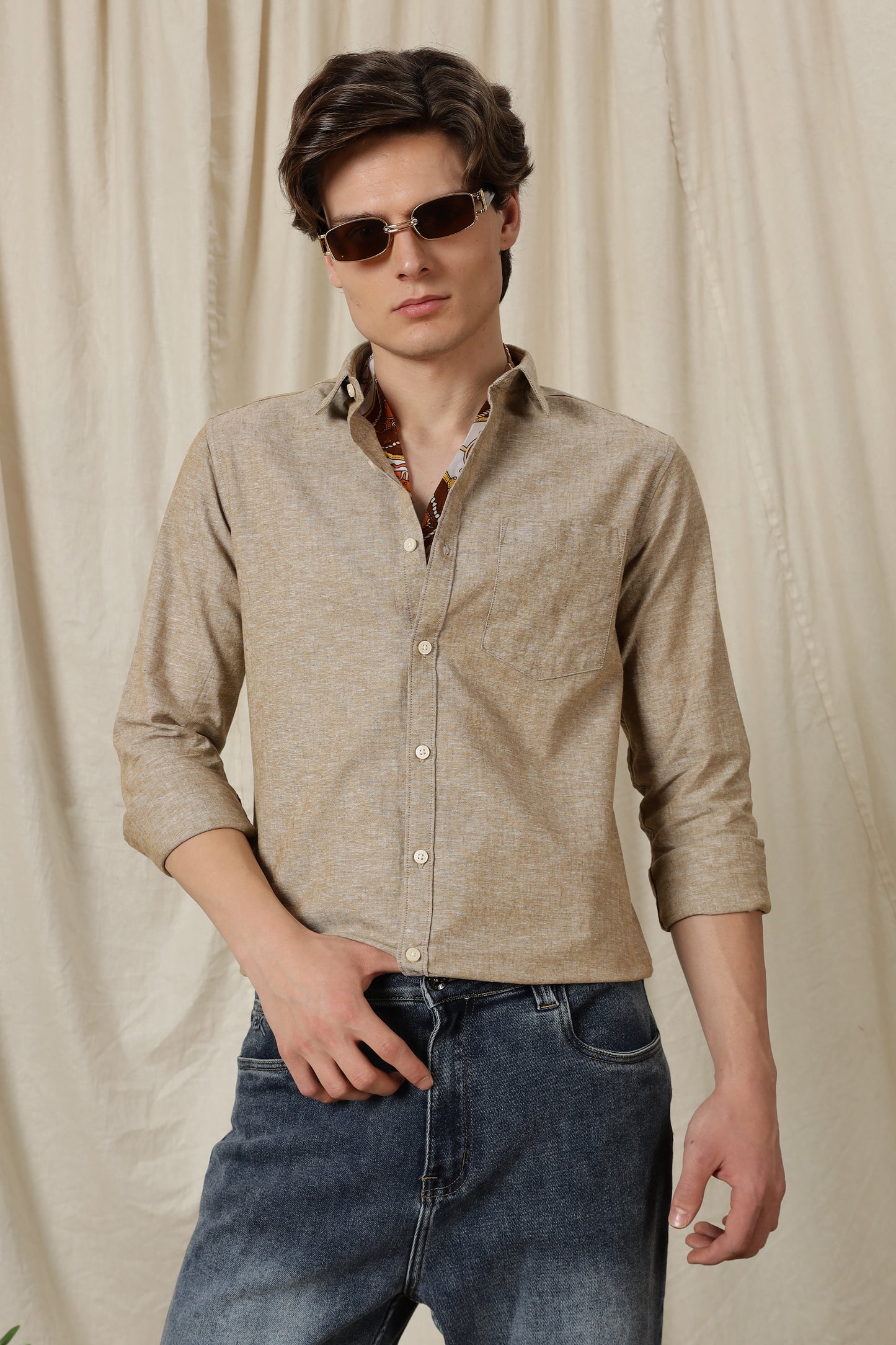 Linen Solid Casual Shirt Brown