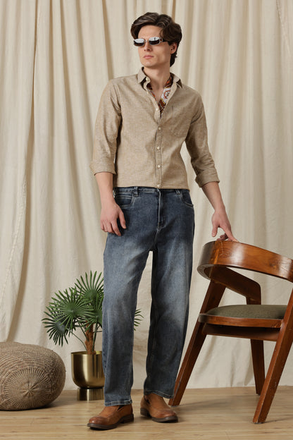 Linen Solid Casual Shirt Brown