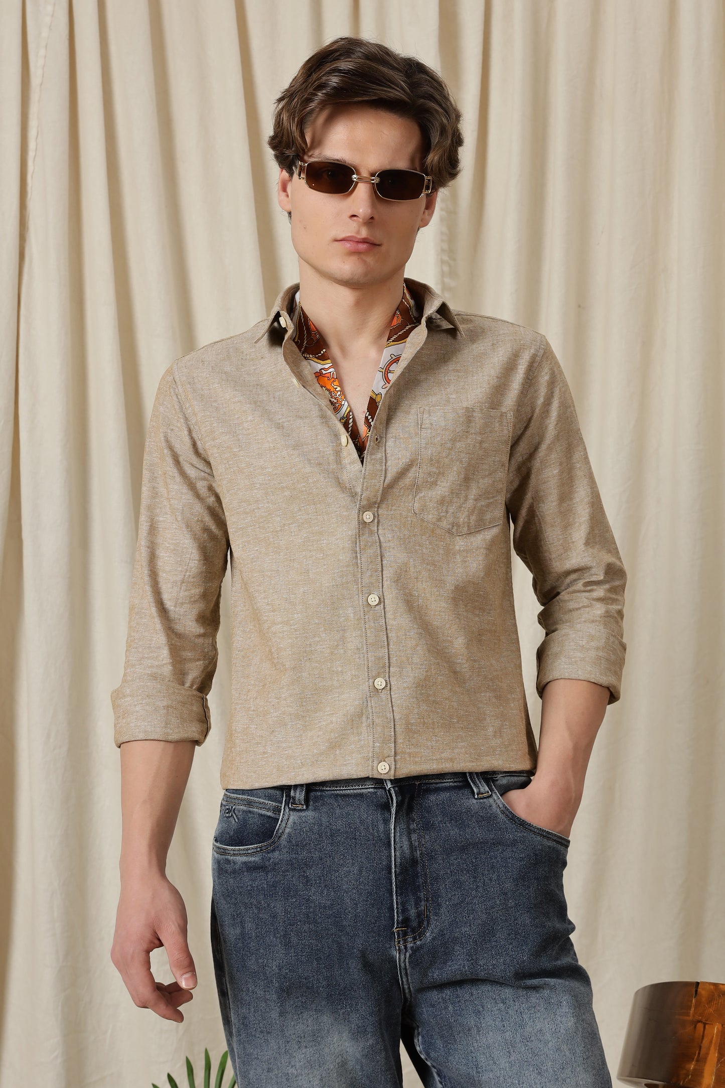 Linen Solid Casual Shirt Brown