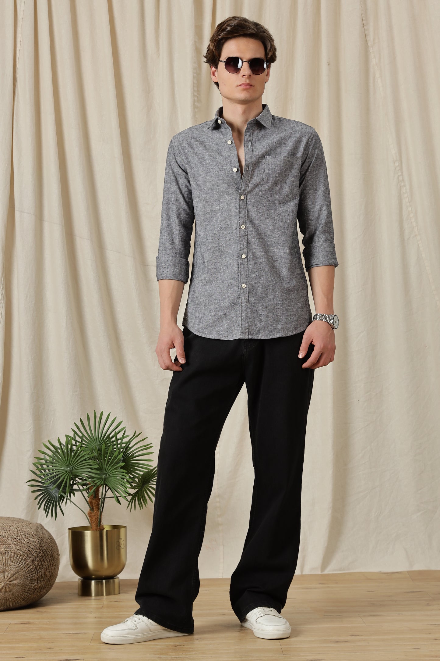 Linen Solid Casual Shirt Black