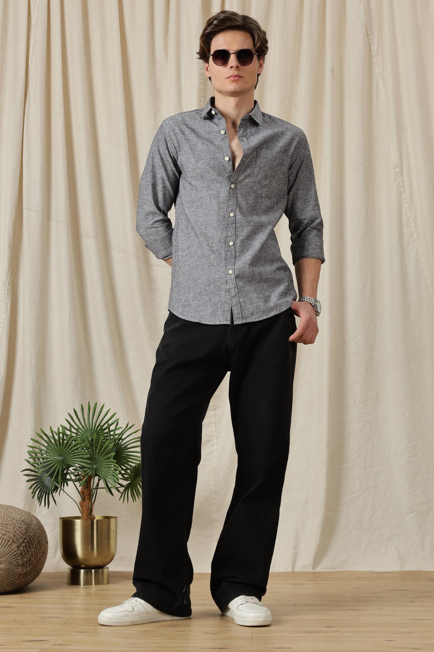 Linen Solid Casual Shirt Black