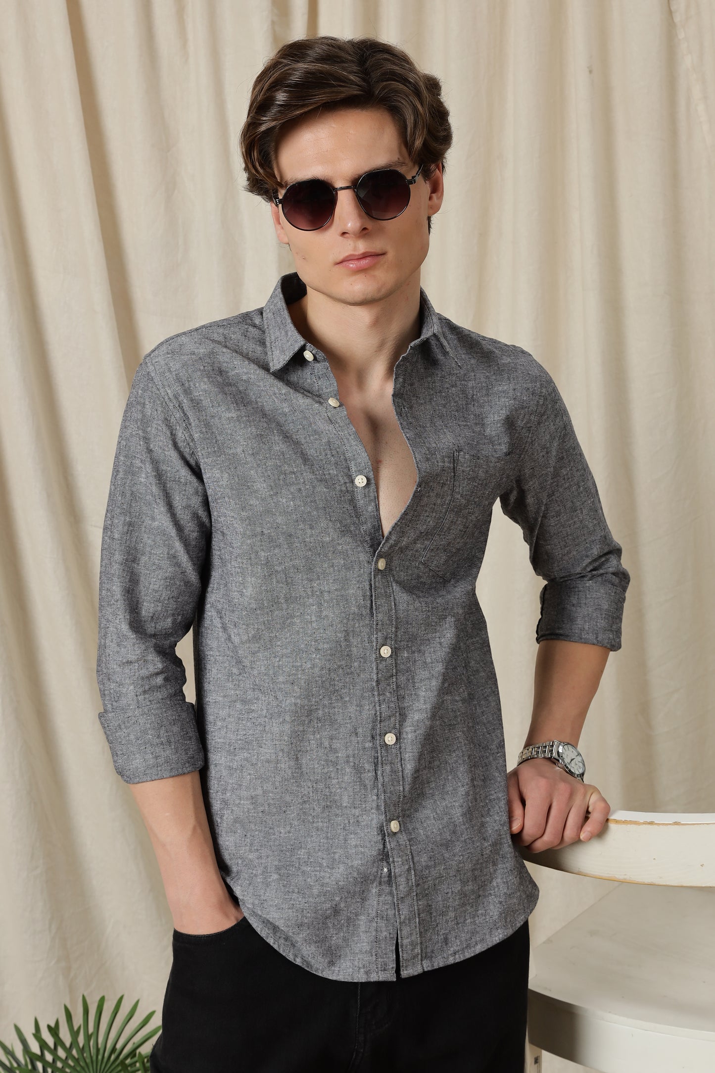 Linen Solid Casual Shirt Black