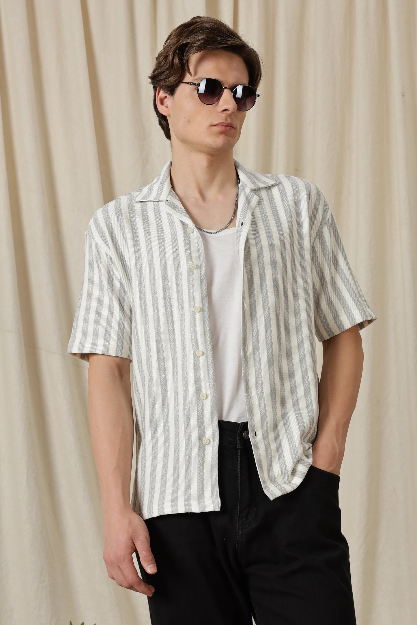 Loose Fit Textured Casual Shirt Grey