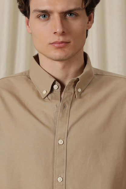 Classic Button-Down Solid Casual Shirt Beige