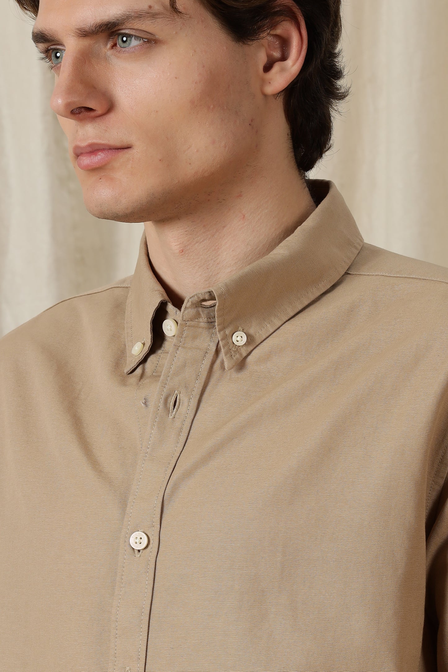 Classic Button-Down Solid Casual Shirt Beige