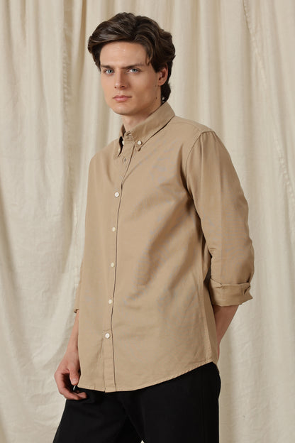 Classic Button-Down Solid Casual Shirt Beige