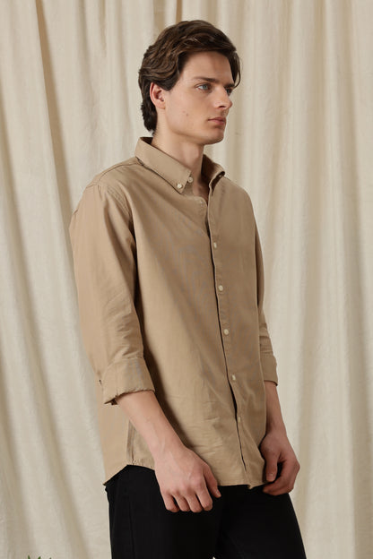 Classic Button-Down Solid Casual Shirt Beige