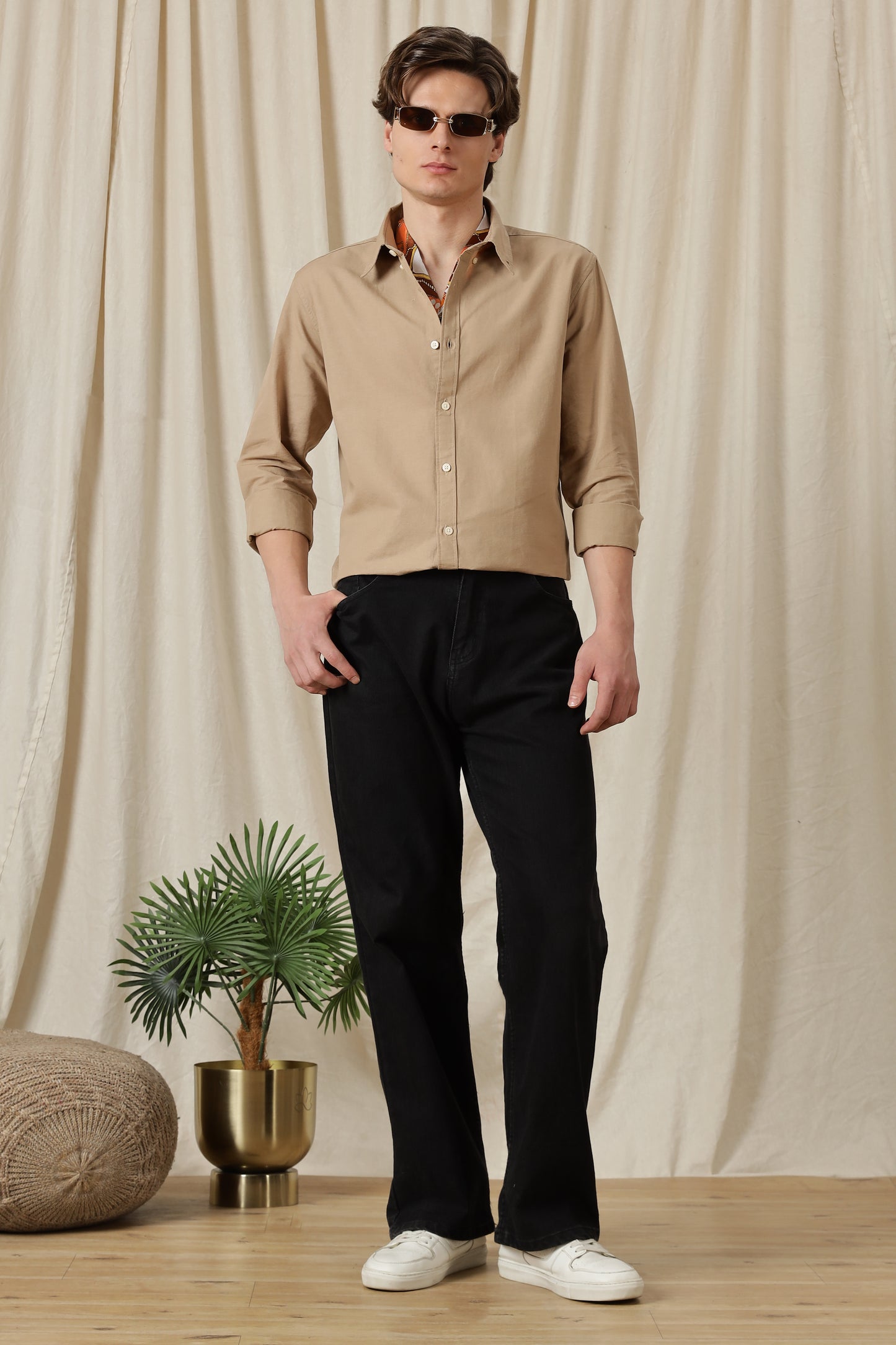 Classic Button-Down Solid Casual Shirt Beige