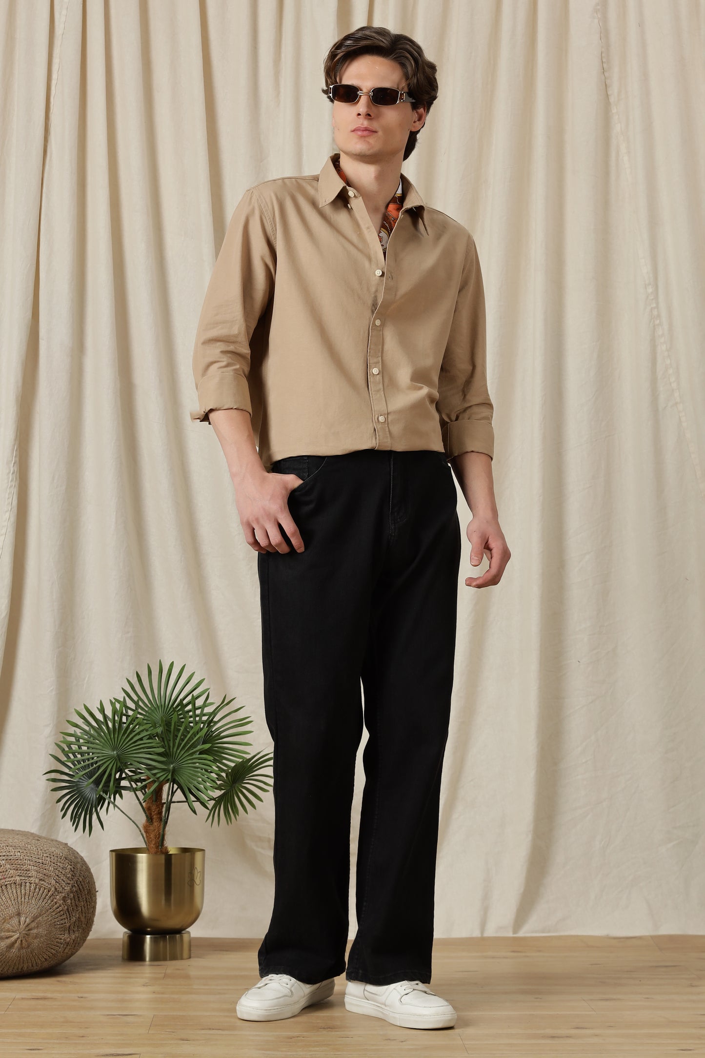 Classic Button-Down Solid Casual Shirt Beige