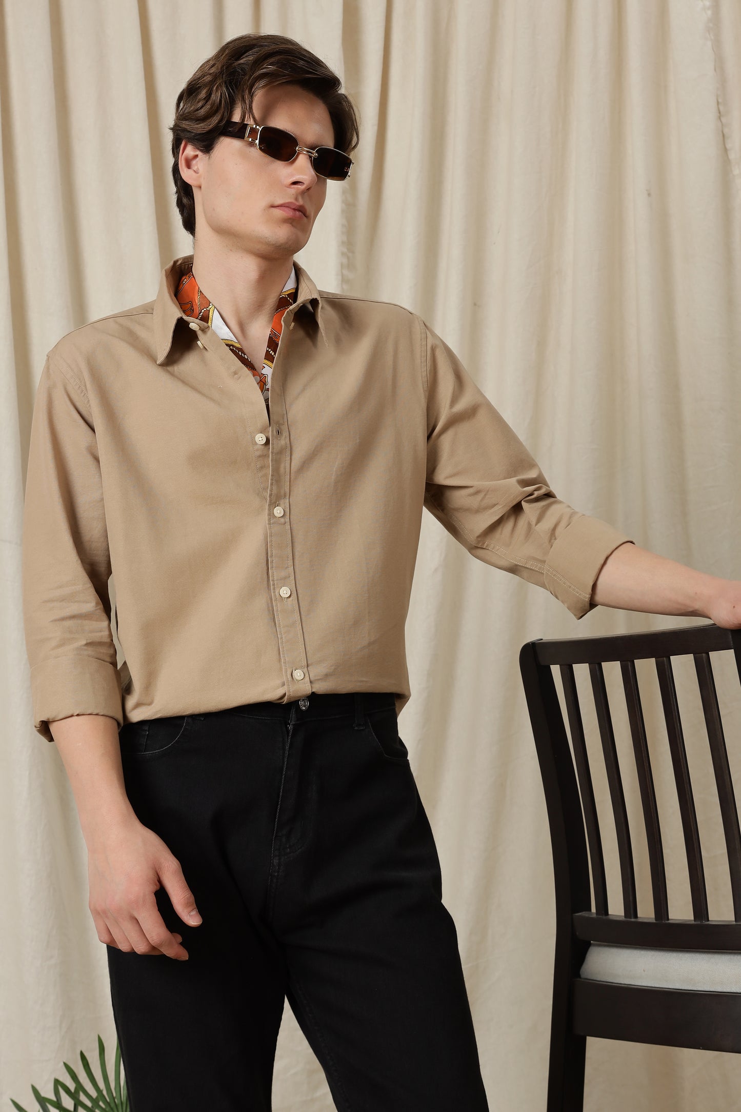 Classic Button-Down Solid Casual Shirt Beige