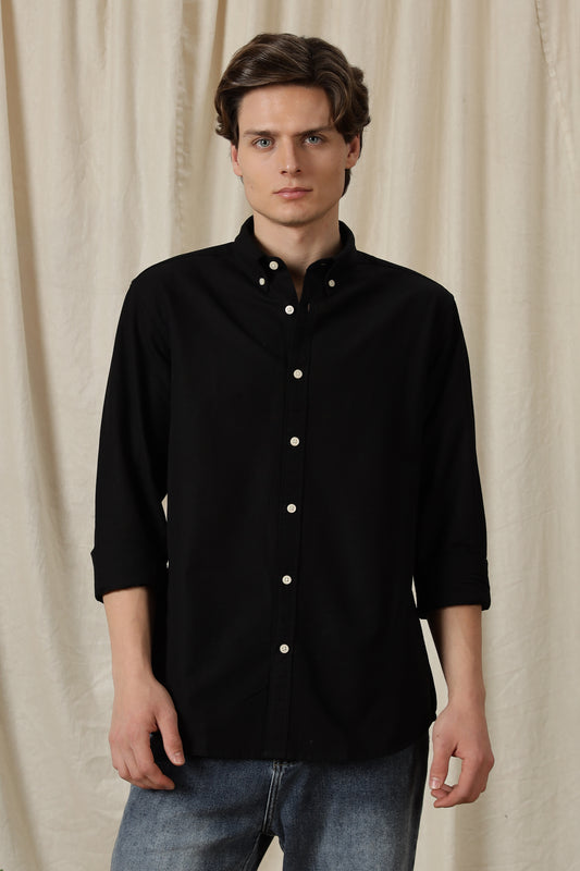 Classic Button-Down Solid Casual Shirt Black