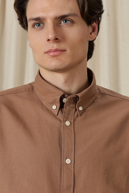 Classic Button-Down Solid Casual Shirt Brown