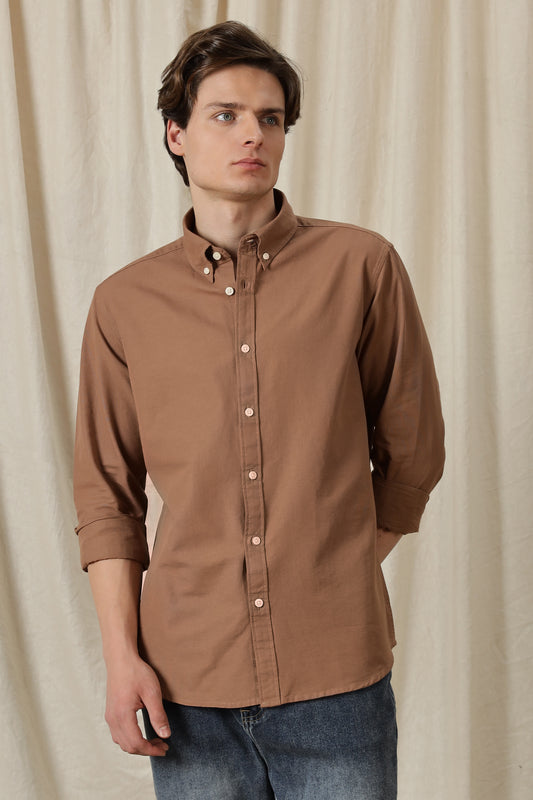 Classic Button-Down Solid Casual Shirt Brown