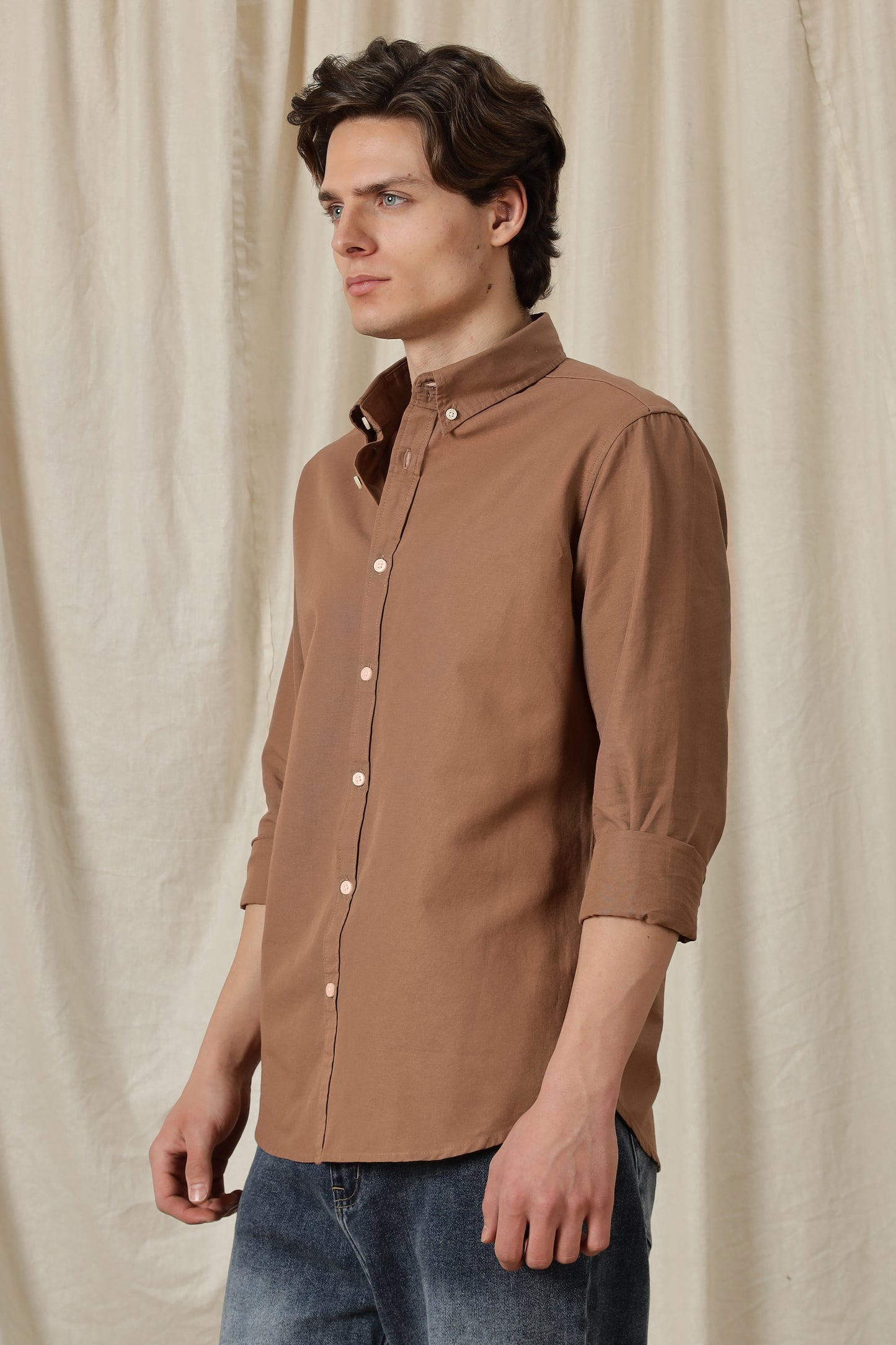 Classic Button-Down Solid Casual Shirt Brown