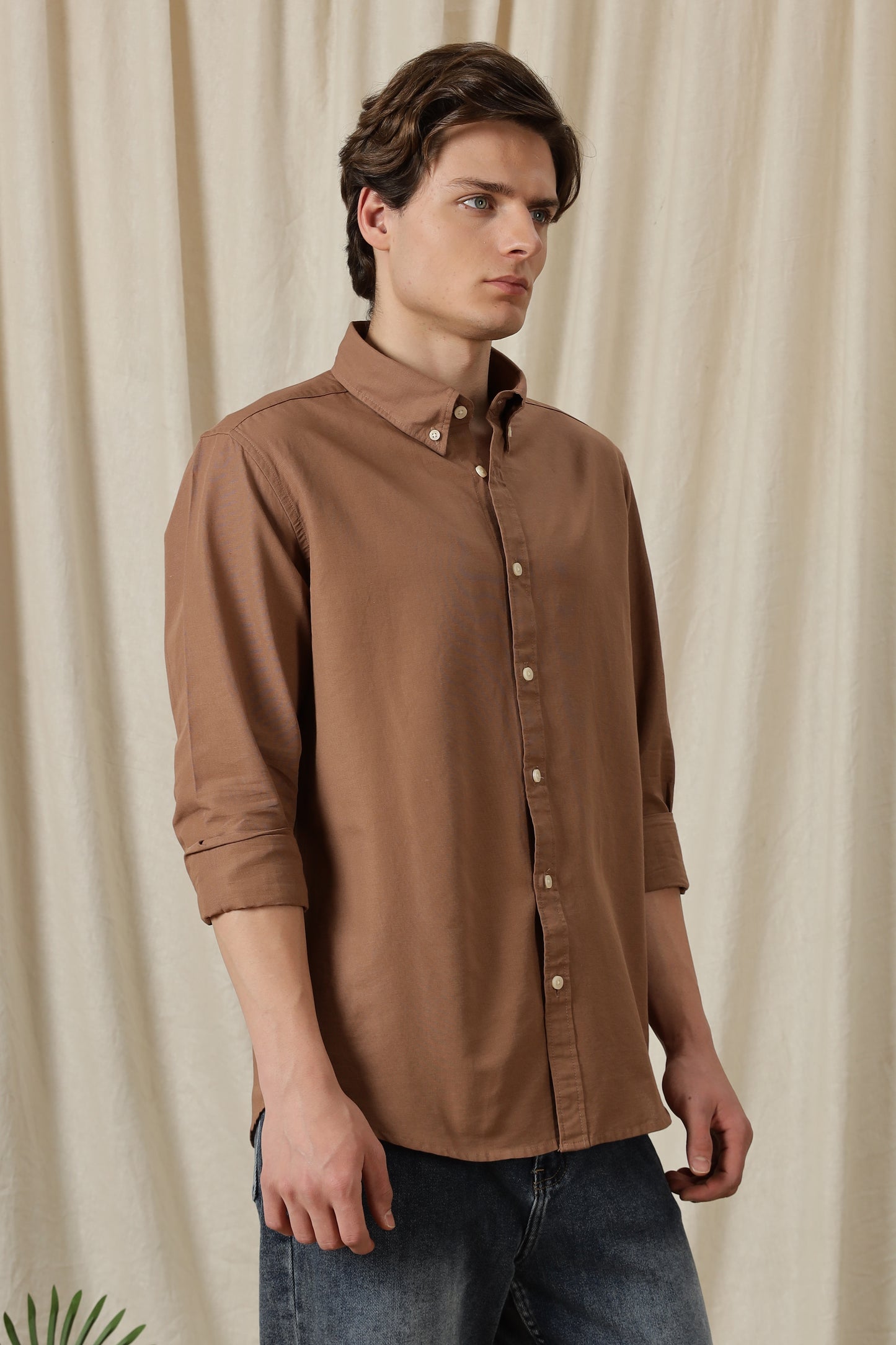 Classic Button-Down Solid Casual Shirt Brown