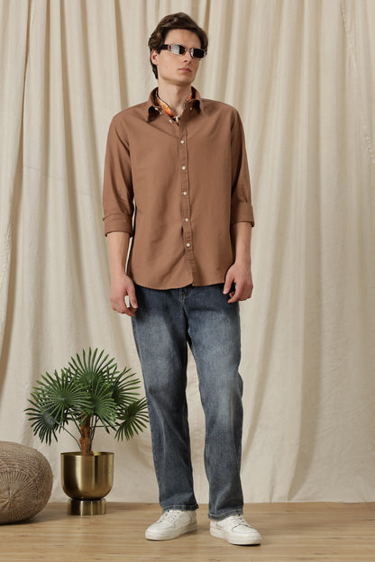 Classic Button-Down Solid Casual Shirt Brown