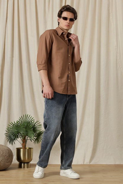 Classic Button-Down Solid Casual Shirt Brown